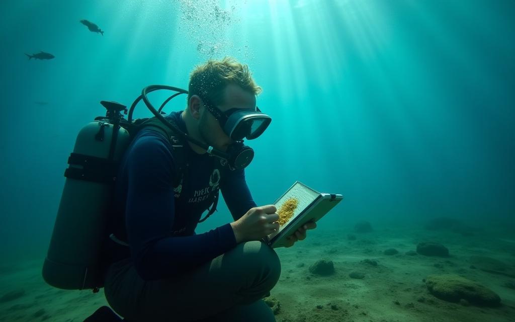 Un geologo in immersione analizza con cura e precisione un campione di sedimento marino, documentando le sue scoperte.